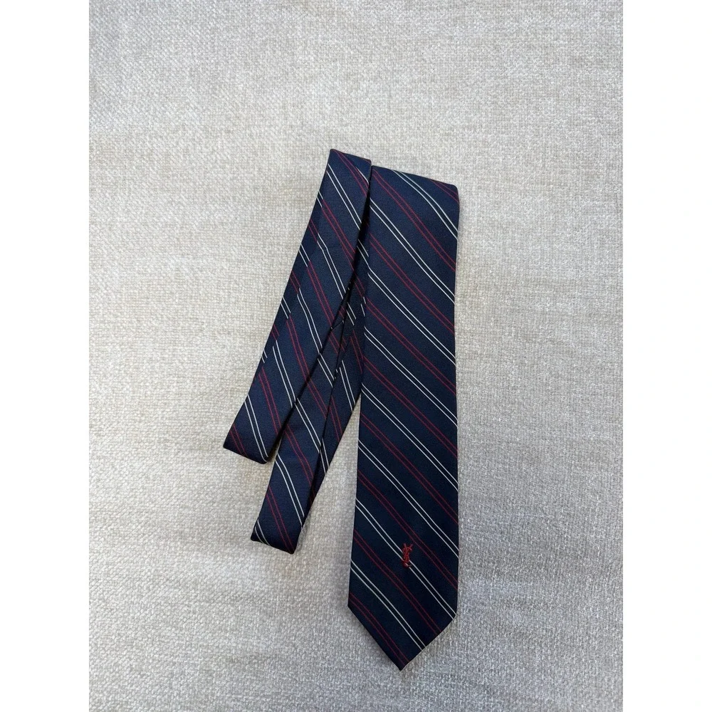 Yves Saint Laurent Silk Tie Navy Red White Diagonal Repp Stripe YSL Logo Vintage